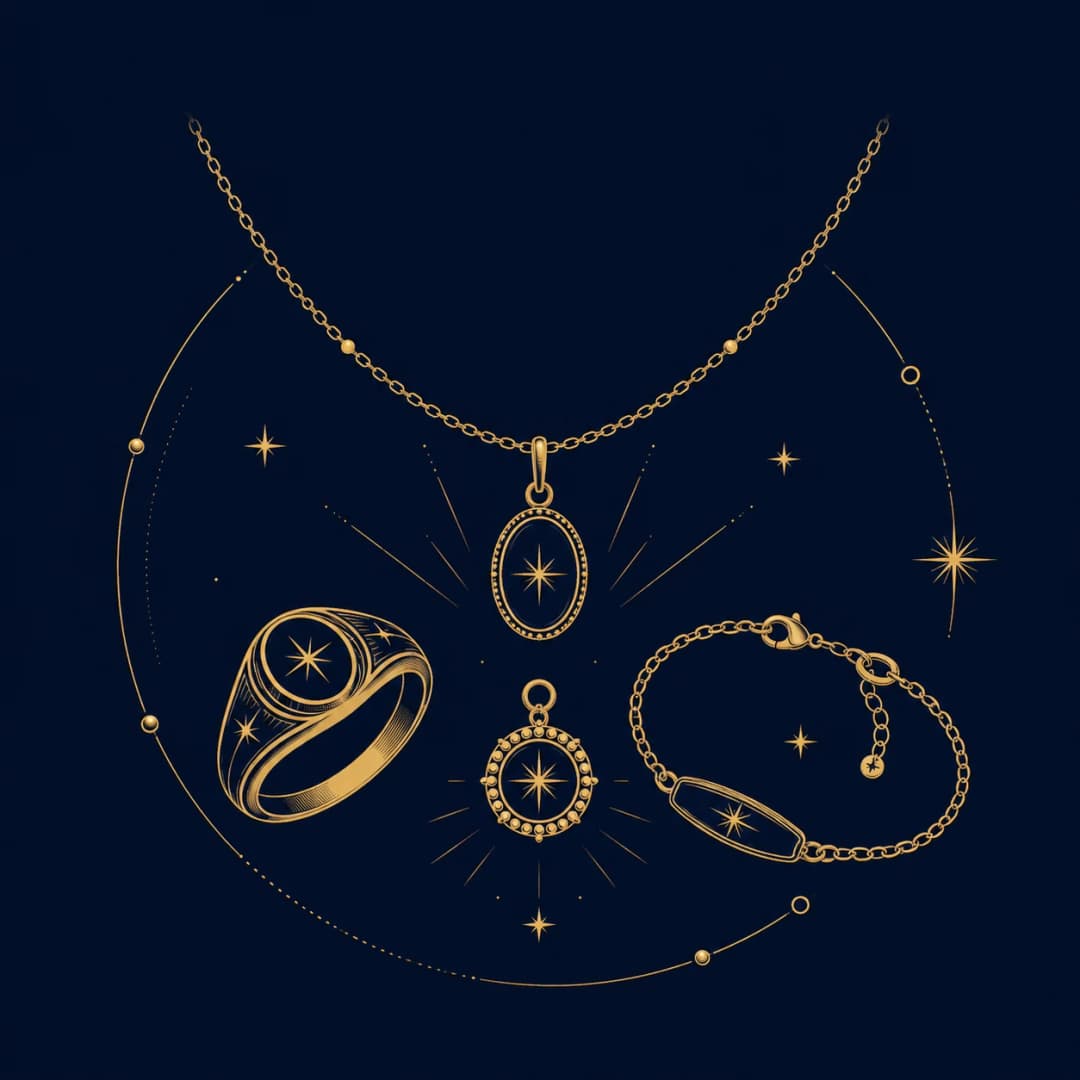 A collection of gold spiritual pieces on midnight navy: a necklace, a ring, two pendants and a bracelet, each marked with a star