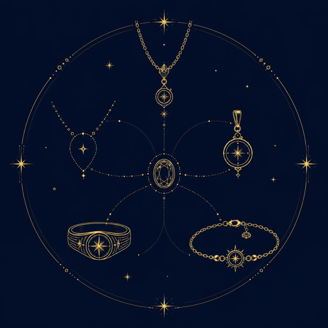 Gold line drawings of a necklace, a ring, a bracelet and pendants arranged in a circle of stars on midnight navy