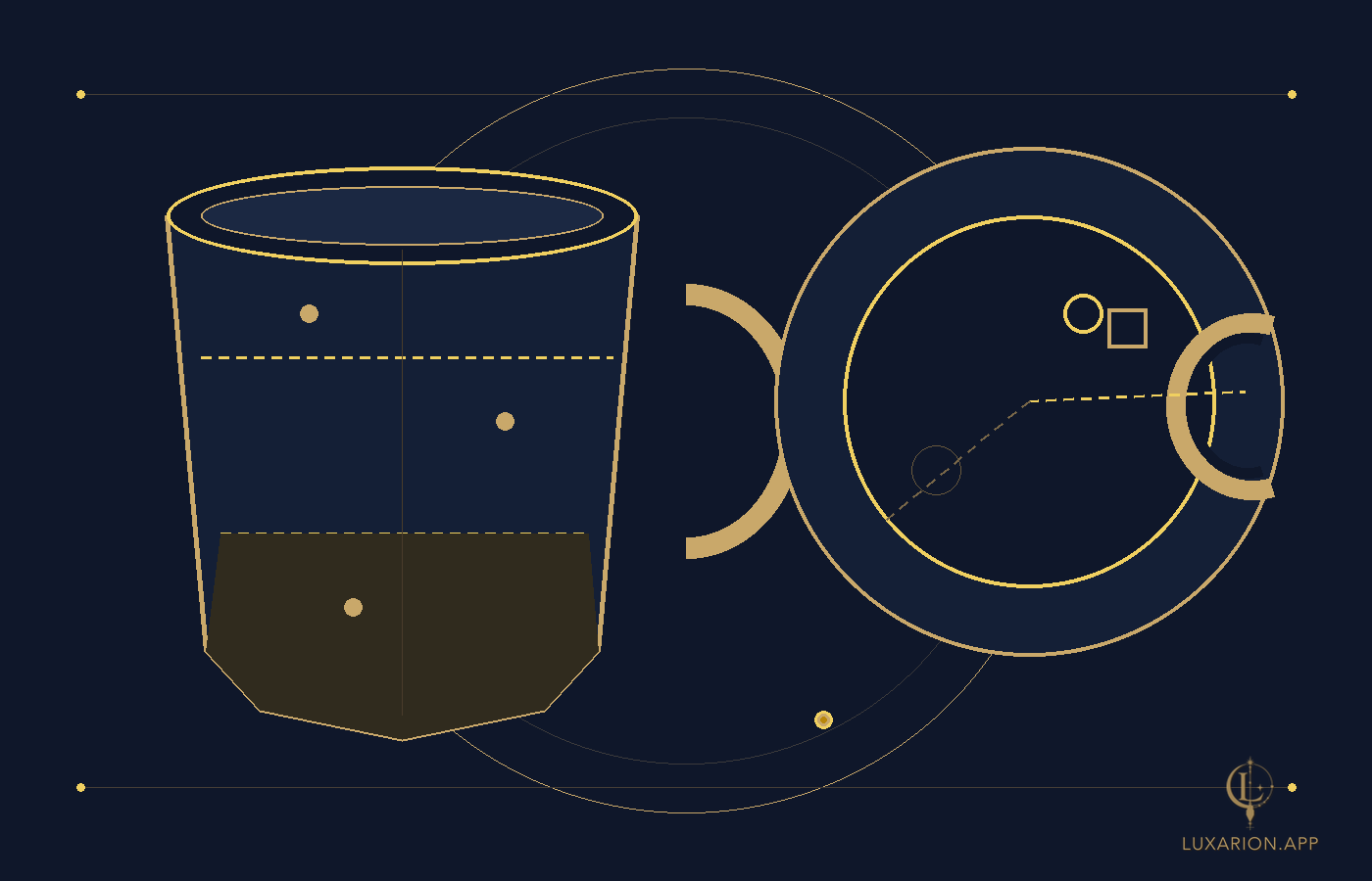 A coffee cup in cutaway, banded into rim, middle and base, beside a view from above showing the handle, the direction a mark faces and its distance from the handle.