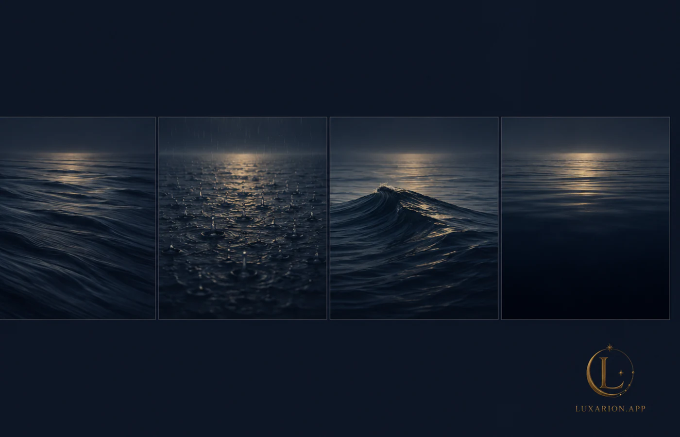 Four panels of open sea in a row, the outer two running to the frame's edge, each under the same low band of light: a swelling rippled surface, rain falling on water, a breaking wave crest, and a flat almost-still expanse.