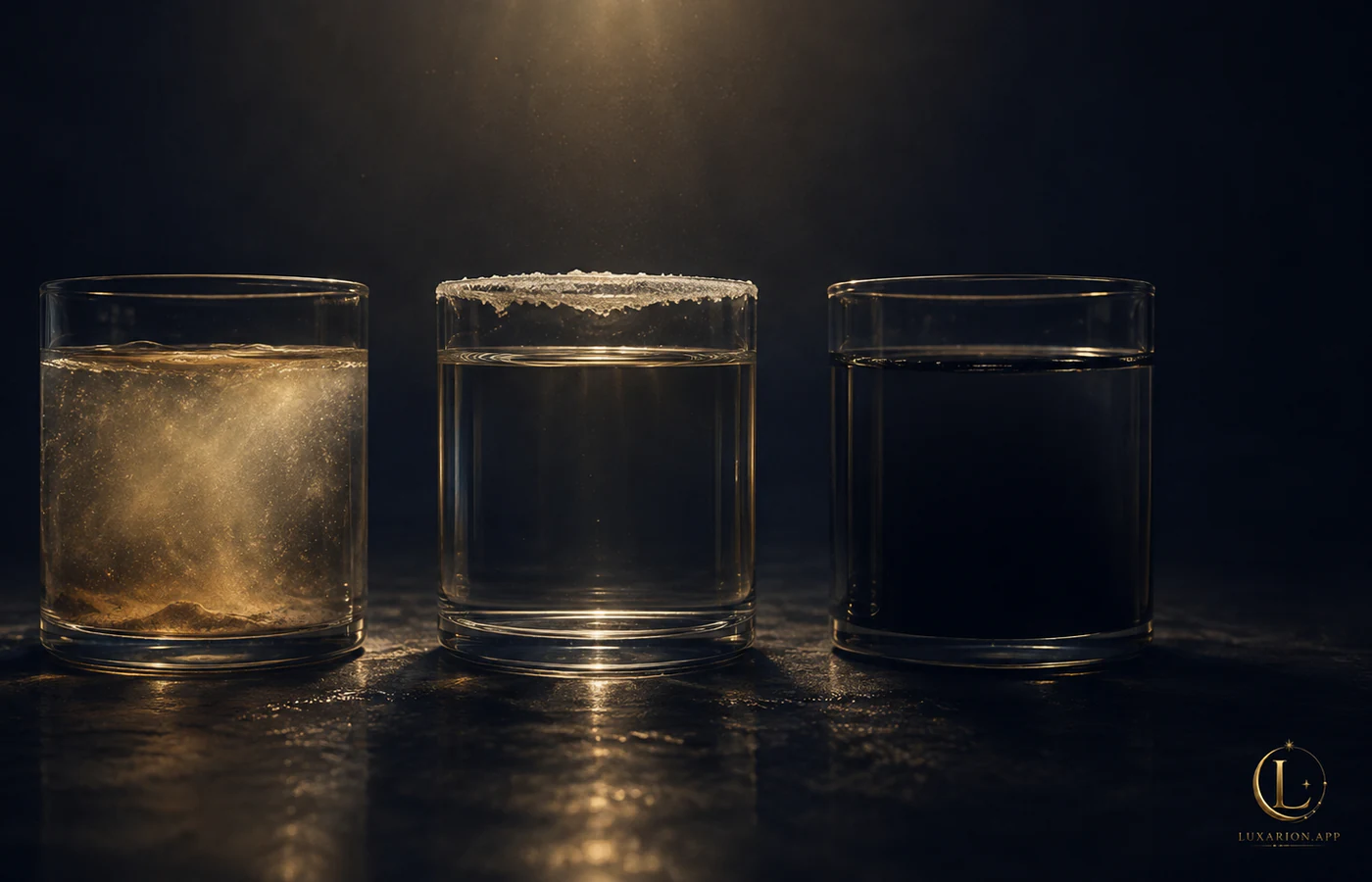 Three identical glass vessels under one light: the first holding suspended silt, the second clear with salt crusted at the rim, the third deep enough that the light stops before the bottom.