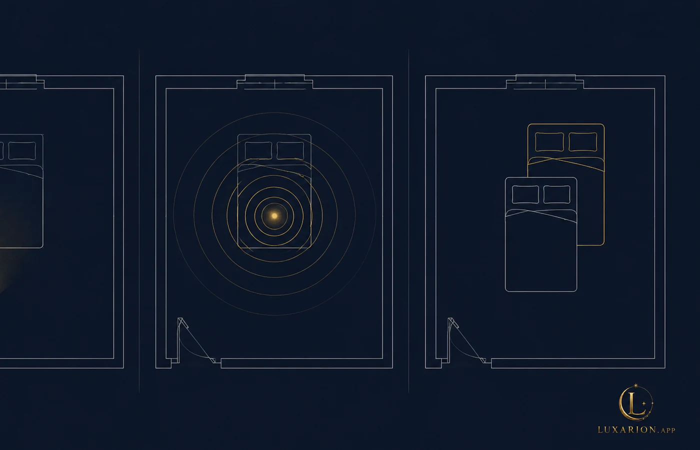 Three identical plan drawings of the same bedroom, differing only in one gold mark each: a wedge of light from an ajar door, concentric rings over the chest area of the bed, and the bed drawn twice and offset.