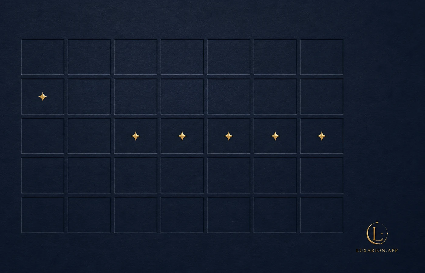A month drawn as an unnumbered grid of debossed squares, with six small gold marks: five together in one week and one alone in the week before.