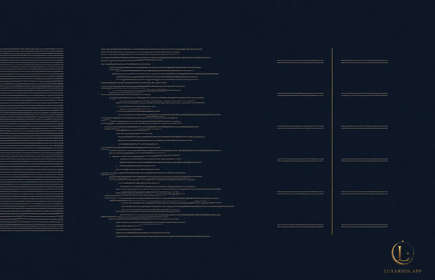 Three blocks of text shown as pure texture: a dense uniform rectangle, a long ragged column of uneven sentences, and a short block of paired lines with wide space between them and a fine break down the middle.