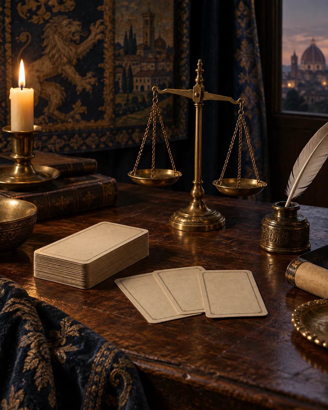 A candlelit desk by a window over Florence at dusk: a brass balance, a stack of blank cards with three laid out, an inkwell and a quill, a lion tapestry behind.