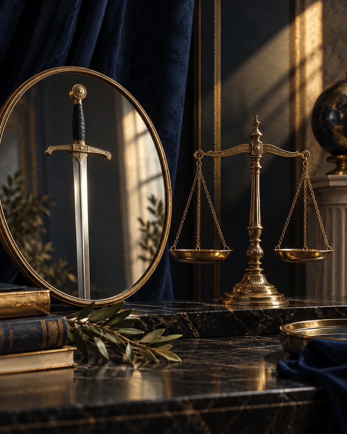 A sword reflected in an oval mirror beside a brass balance on a dark marble ledge, with an olive branch and old books in a shaft of light.
