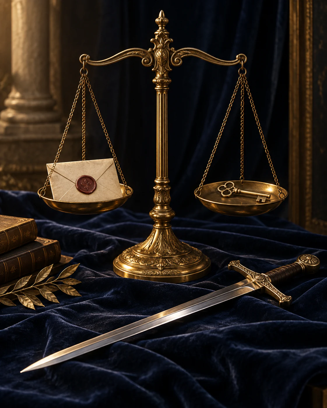 A brass balance on navy velvet holds a wax-sealed letter in one pan and a key in the other; a sword lies across the velvet below.