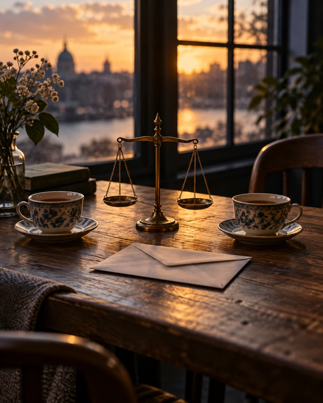 A small brass balance stands between two blue-and-white teacups on a wooden table at sunset, an envelope before it and a domed city across the river.