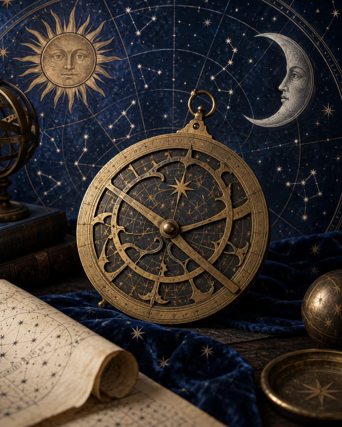 A brass astrolabe before a star map engraved with a sun face and a crescent moon face, with a rolled chart and a small globe on navy velvet.