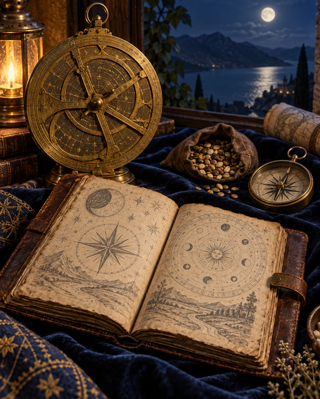 By lamplight, a brass astrolabe beside an open old book drawn with a compass rose, the moon's phases and a landscape, a pouch of coins and a compass; a moonlit bay beyond.