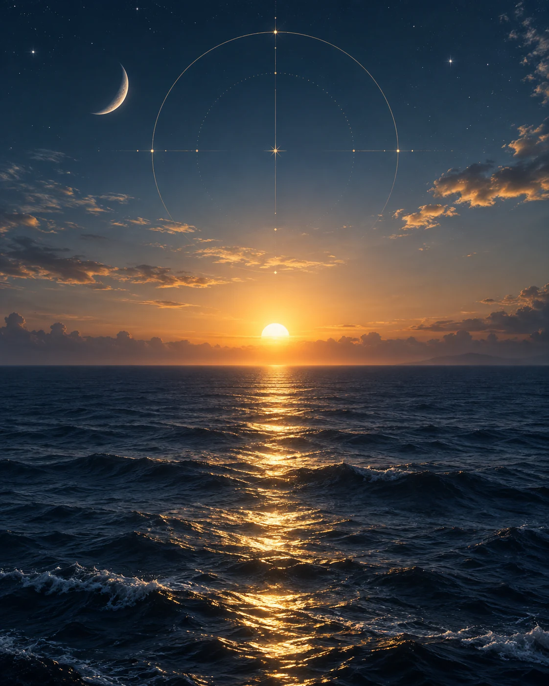 The sun sets on a calm sea horizon while a thin crescent moon hangs in the darkening sky, crossed by faint golden circle lines.