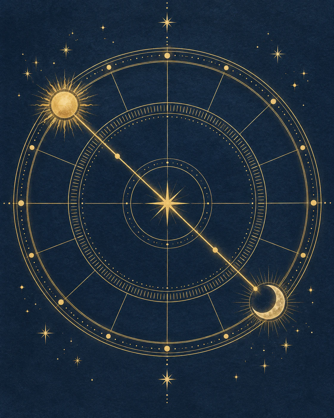 Gold line drawing on navy: a circle divided into twelve, with the Sun and a crescent Moon joined by a straight line through a star at the centre.