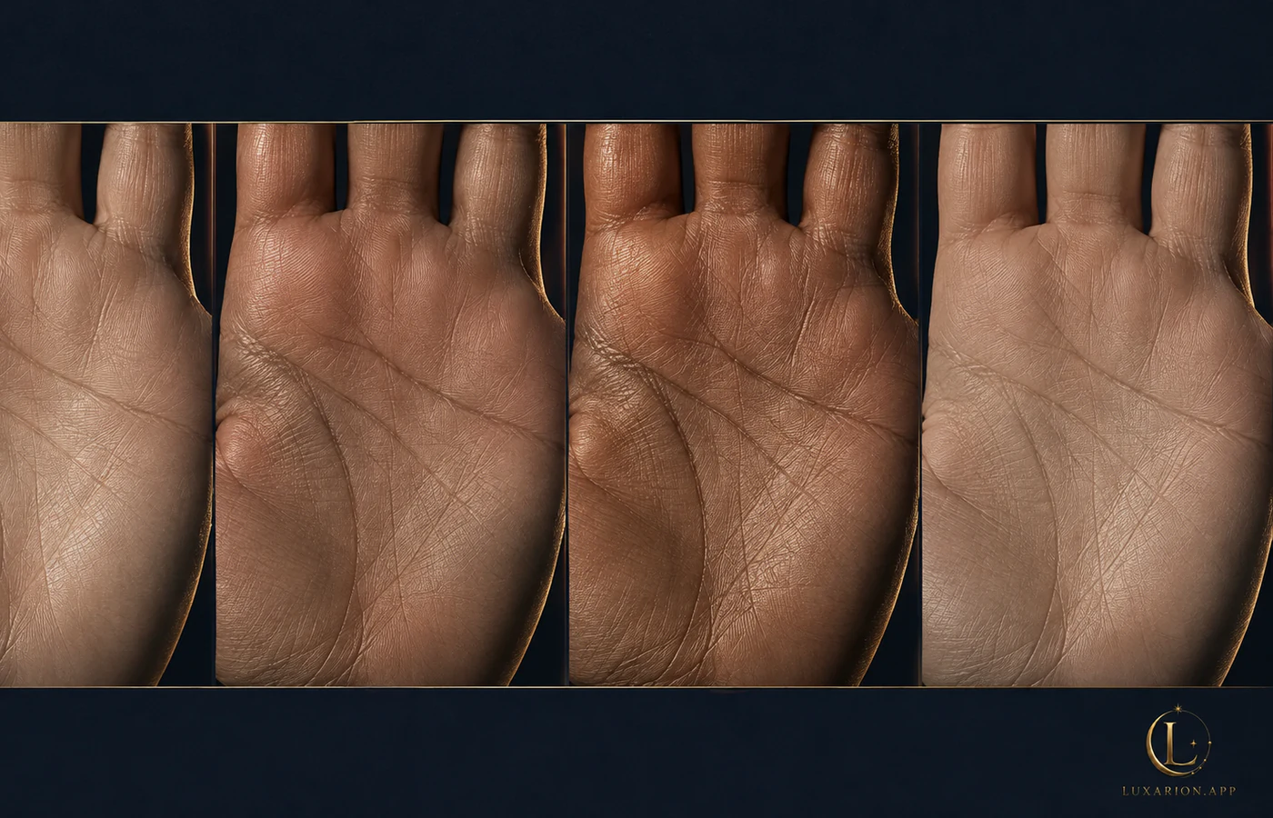 Four identically lit and cropped photographs of four different palms, differing only in where the uppermost crease ends: under the index finger, between index and middle, under the middle finger, and straight across to the edge.