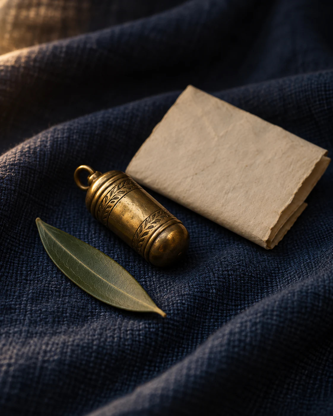 A small engraved brass case with a hanging loop, a folded square of rough paper and an olive leaf on dark blue linen.