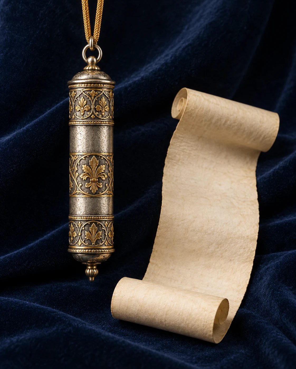 A tall pendant case of silver and gold with foliate panels, hanging from a cord beside an unrolled strip of pale parchment on navy velvet.