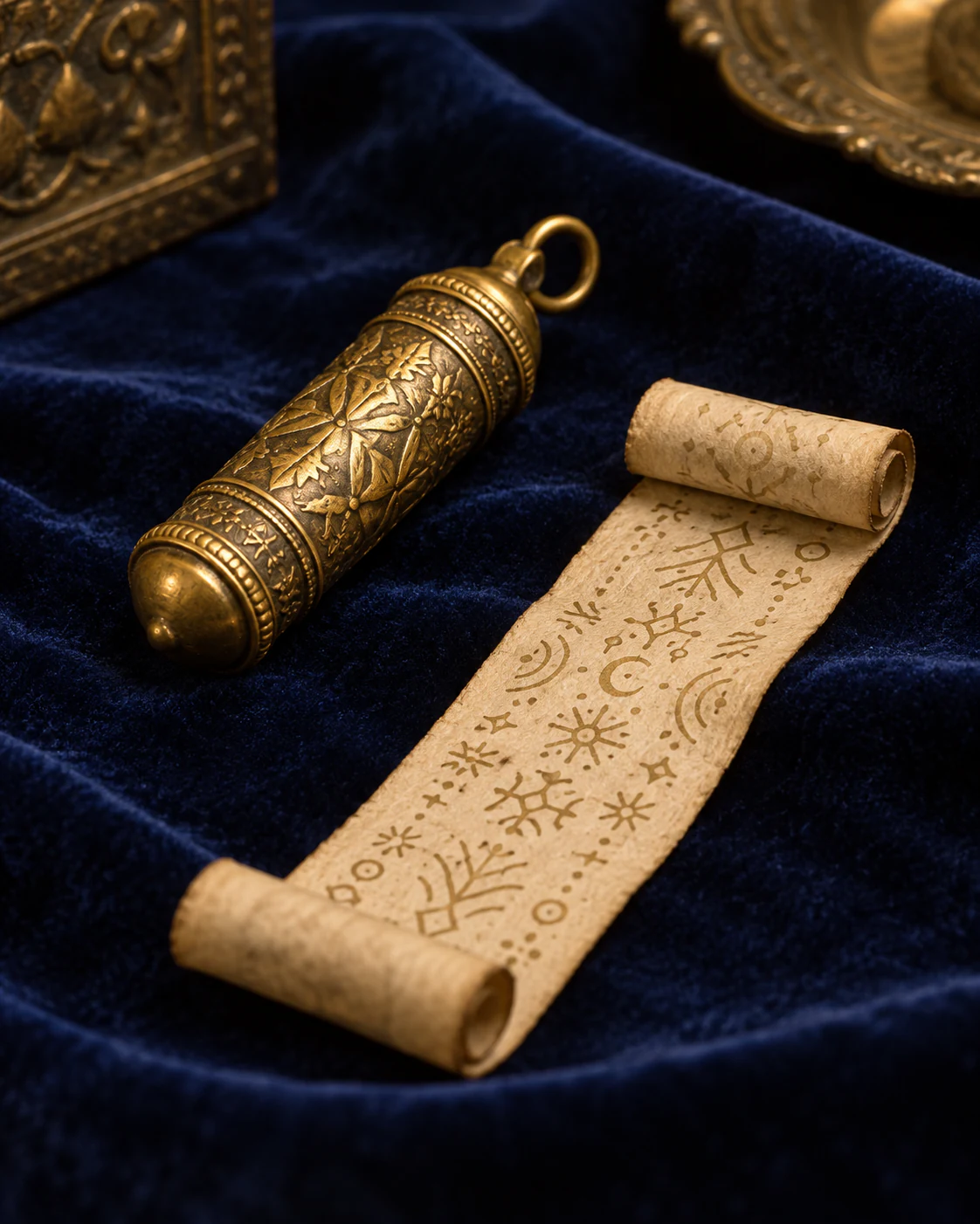 An engraved brass case beside an unrolled paper strip printed with small stars, crescents and branching signs, on navy velvet.
