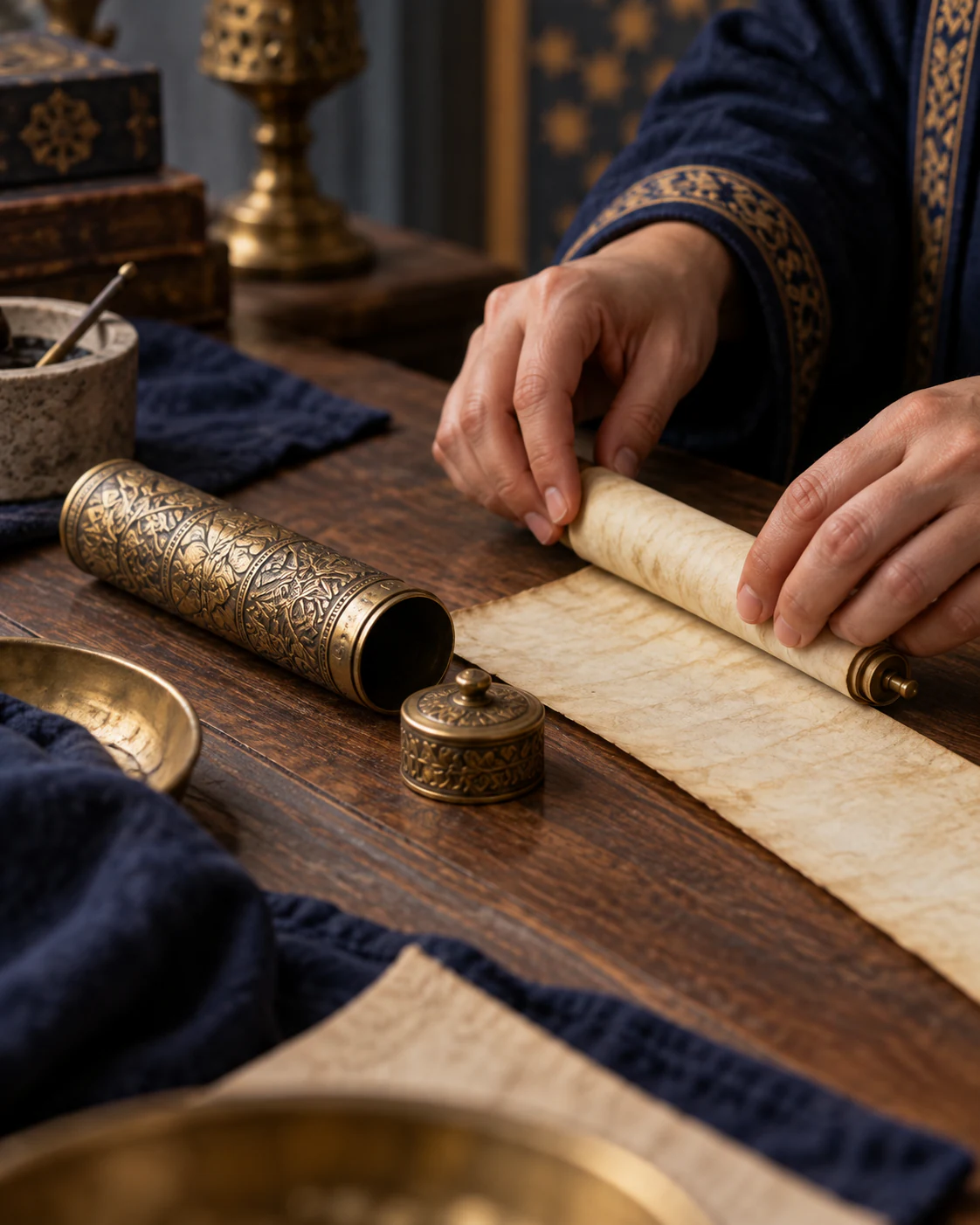 Hands roll a long strip of parchment on a wooden table beside an open engraved brass case and its lid, with an inkwell and pen behind.