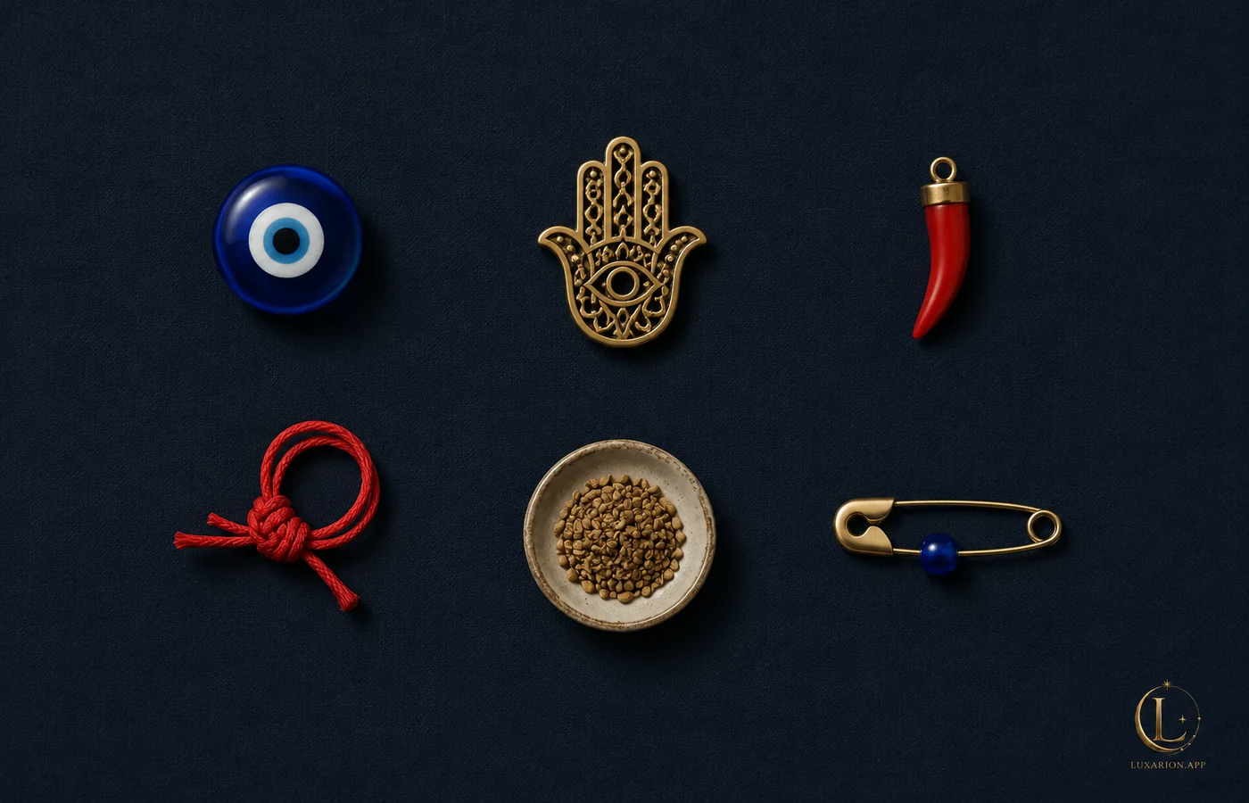 Six protective objects laid out in an even grid on dark cloth: a blue glass eye bead, an open-handed hamsa, a small red horn, a knot of red thread, a dish of wild rue seed and a safety pin with one bead on it.
