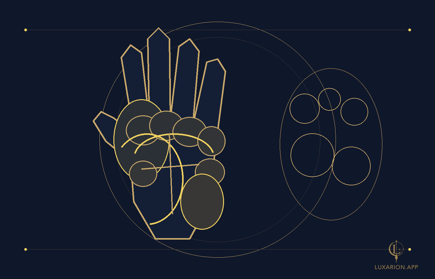 An outlined open palm with the mounts marked as shaded pads beneath each finger and at the base of the hand, with an inset showing their arrangement.