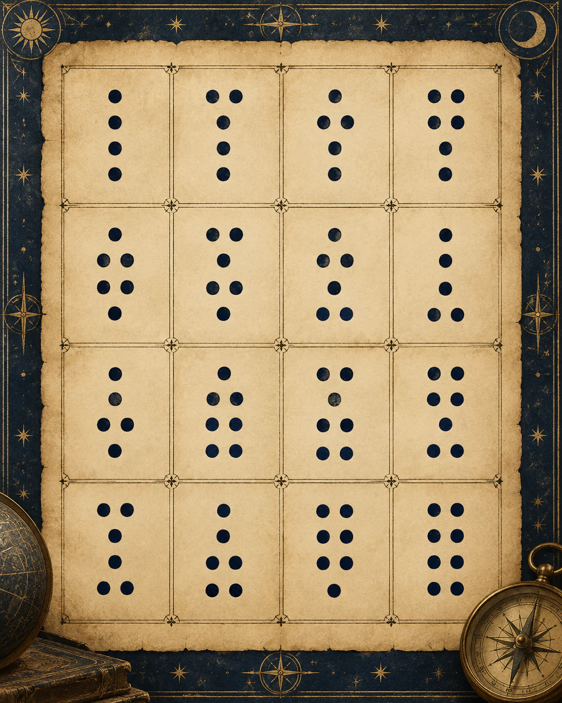 The sixteen figures of the sand in dark dots, each in its own panel of a parchment sheet, four rows of four, with a globe and a compass at the corners.