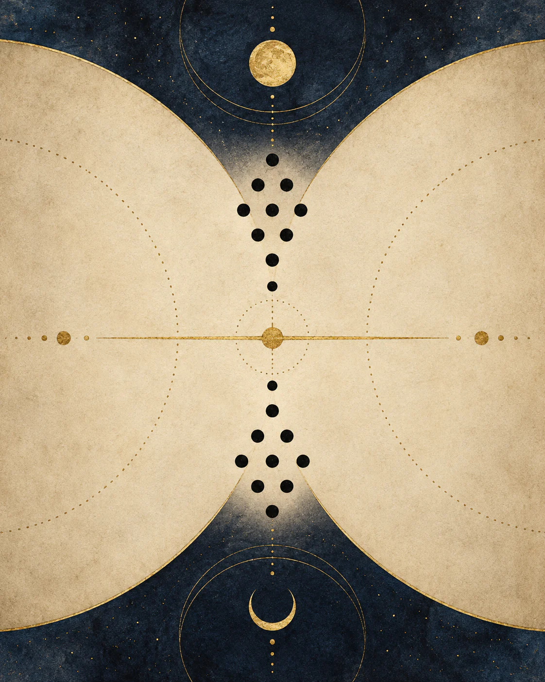Two mirrored clusters of dots meet at a golden horizon line on parchment, a full moon above and a crescent below.