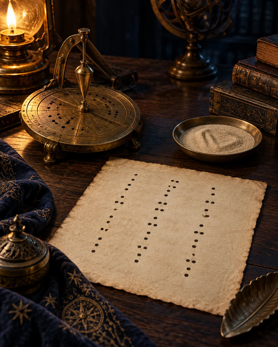 By lamplight, a brass instrument with a pointer over a pierced dial, a dish of sand and a parchment marked with rows of dots, among old books and an armillary sphere.