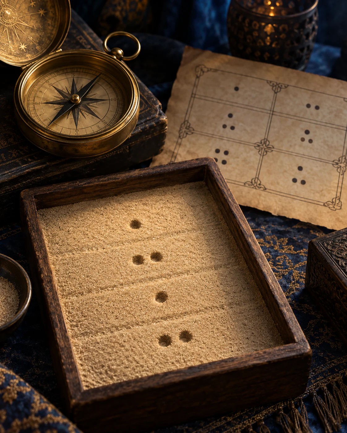A wooden tray of fine sand marked in four rows, one point, two, one, two, beside a compass and a parchment chart of dot figures.
