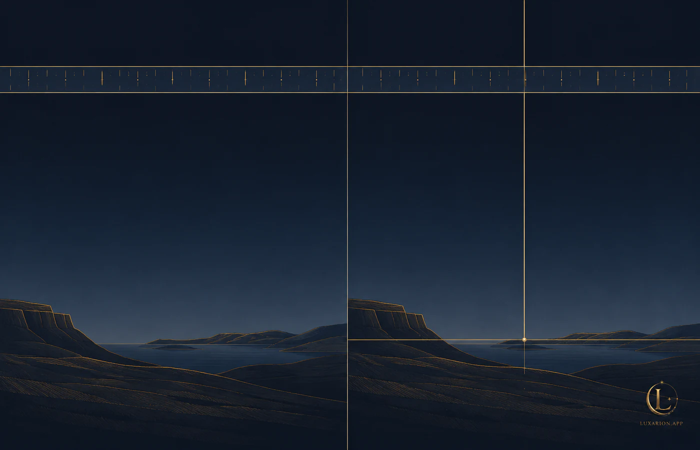 The same landscape drawn twice: on the left a band of sky crossing the frame, on the right the same band cut by a horizon line and a vertical meridian rising from the observer's own position.