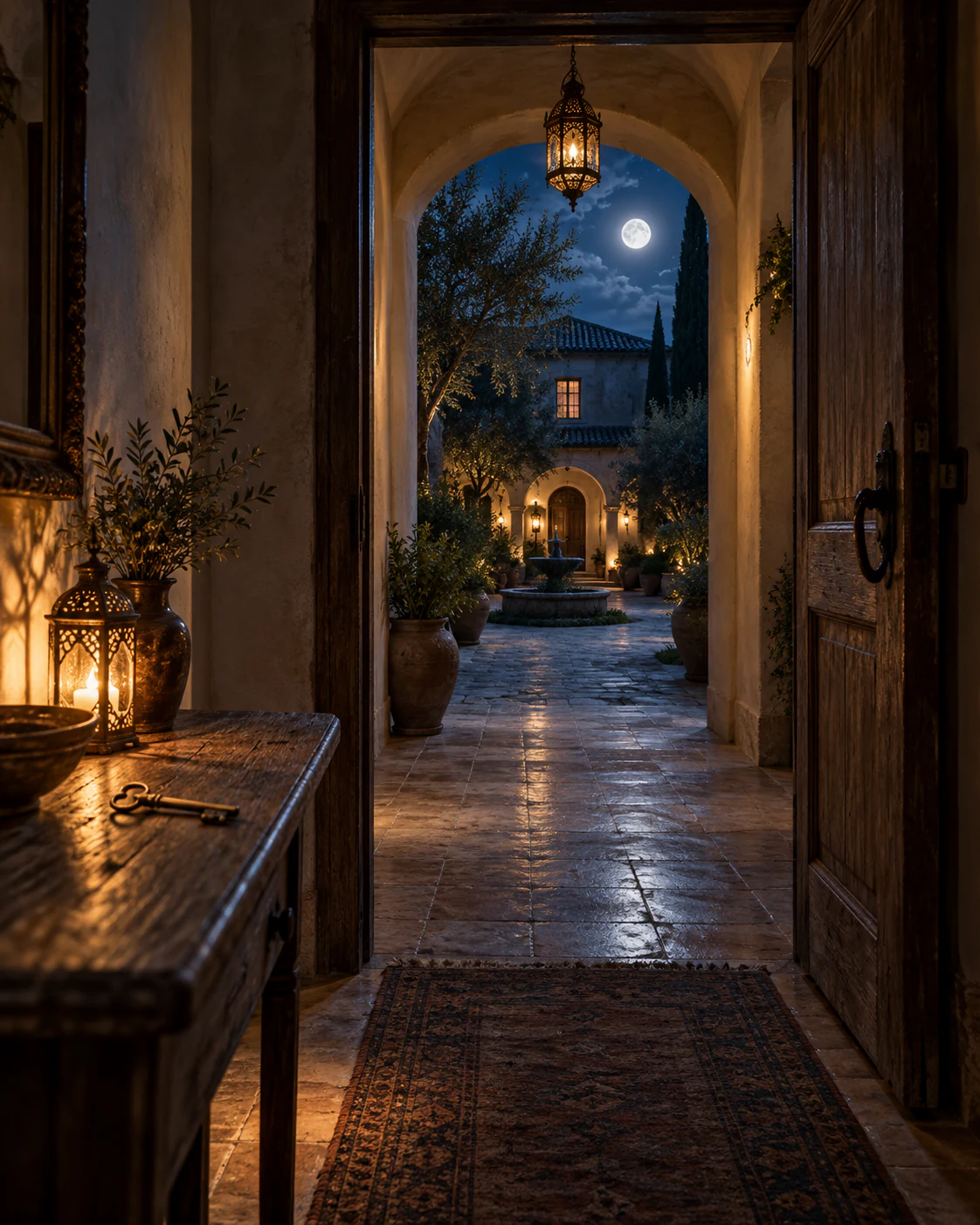 An open wooden door frames a moonlit courtyard with a fountain; inside, a brass key lies on a console table beside a lit lantern.