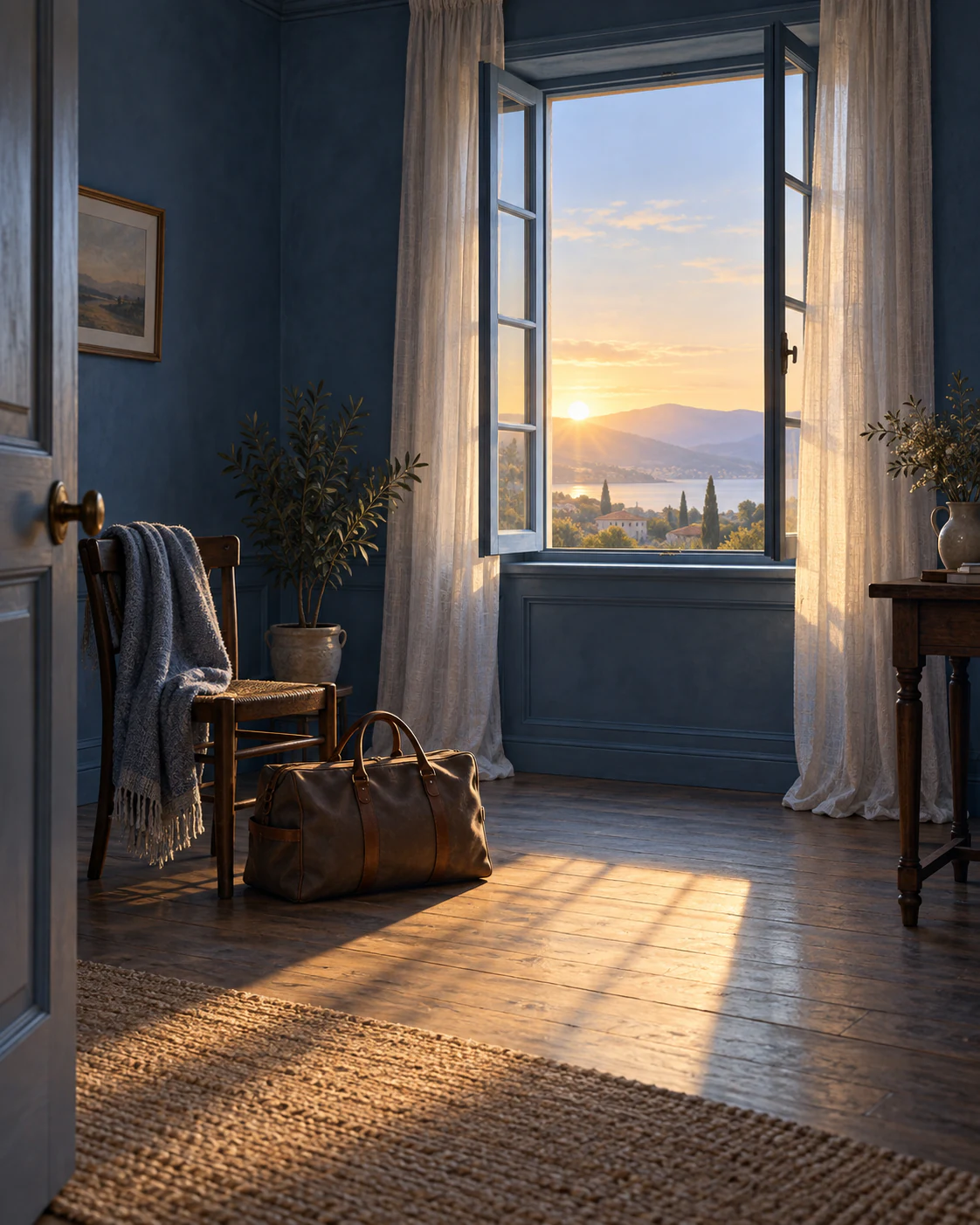 A blue-walled room at dawn: a tall window open onto a bay and hills, a chair with a folded blanket, and a leather bag on the sunlit floorboards.