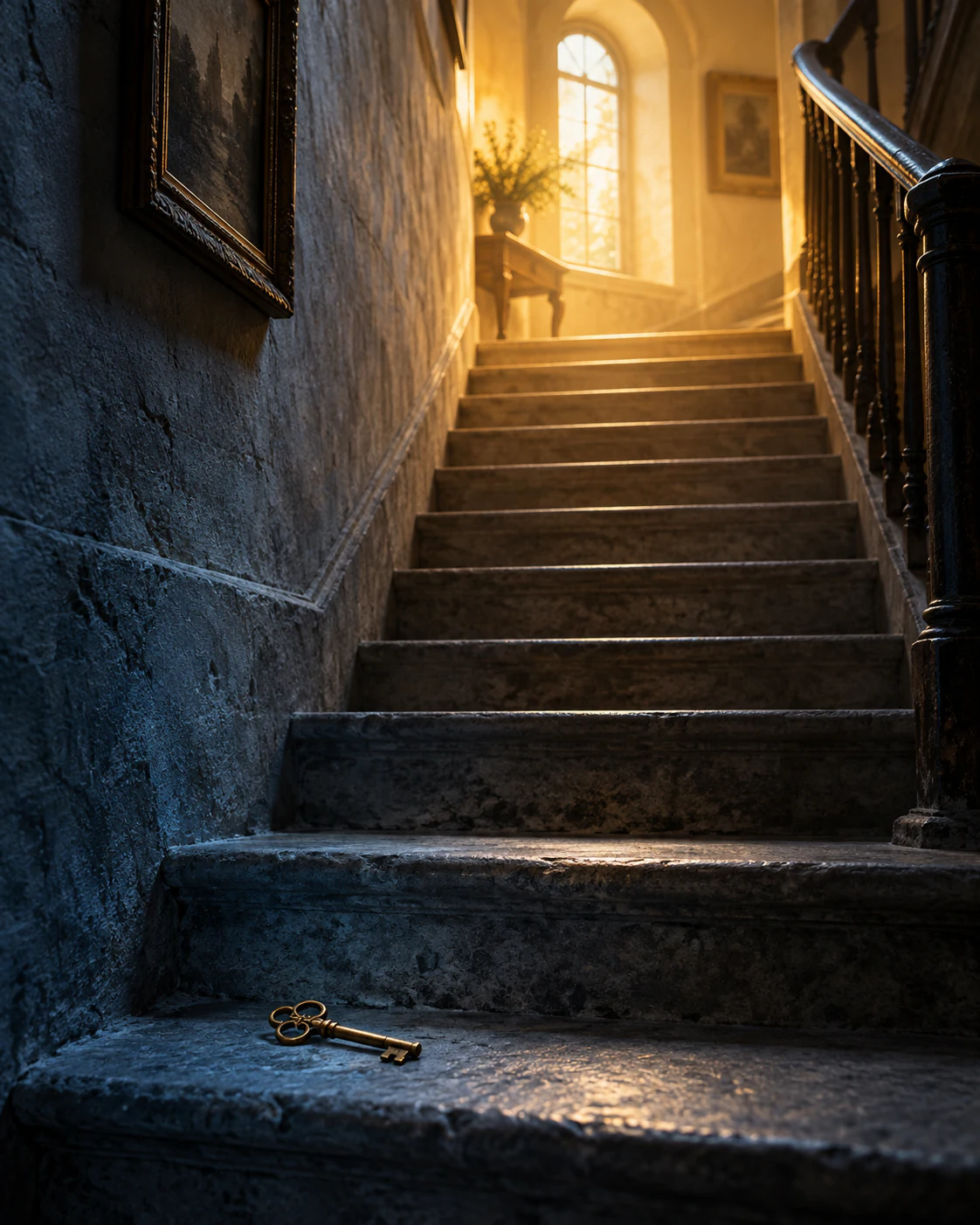 Worn stone stairs climb toward a warm landing and an arched window full of light; an old brass key rests on the bottom step.