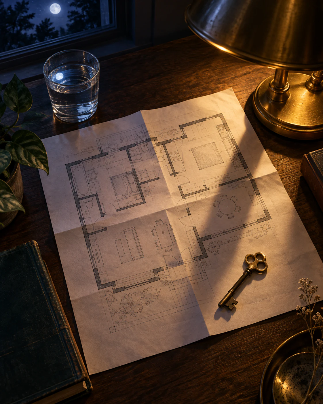 A hand-drawn house plan spread on a desk under a brass lamp, with a brass key resting on it, a glass of water and the moon at the window.