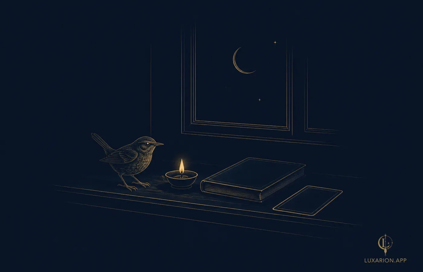 Karanlık bir pencere pervazında, cılız bir alevin yanında küçük altın bir çalıkuşu; kapalı bir defter, yüzüstü bir kart, camın ardında gece ve hilal.