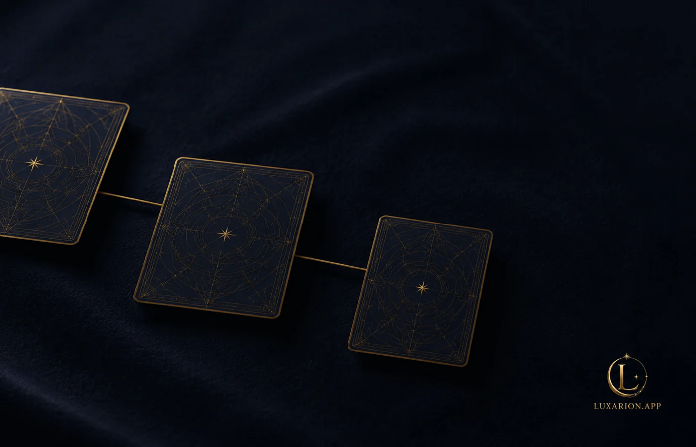 Three face-down cards set in a descending stair on dark cloth, joined by a fine gold line running from the highest to the lowest.